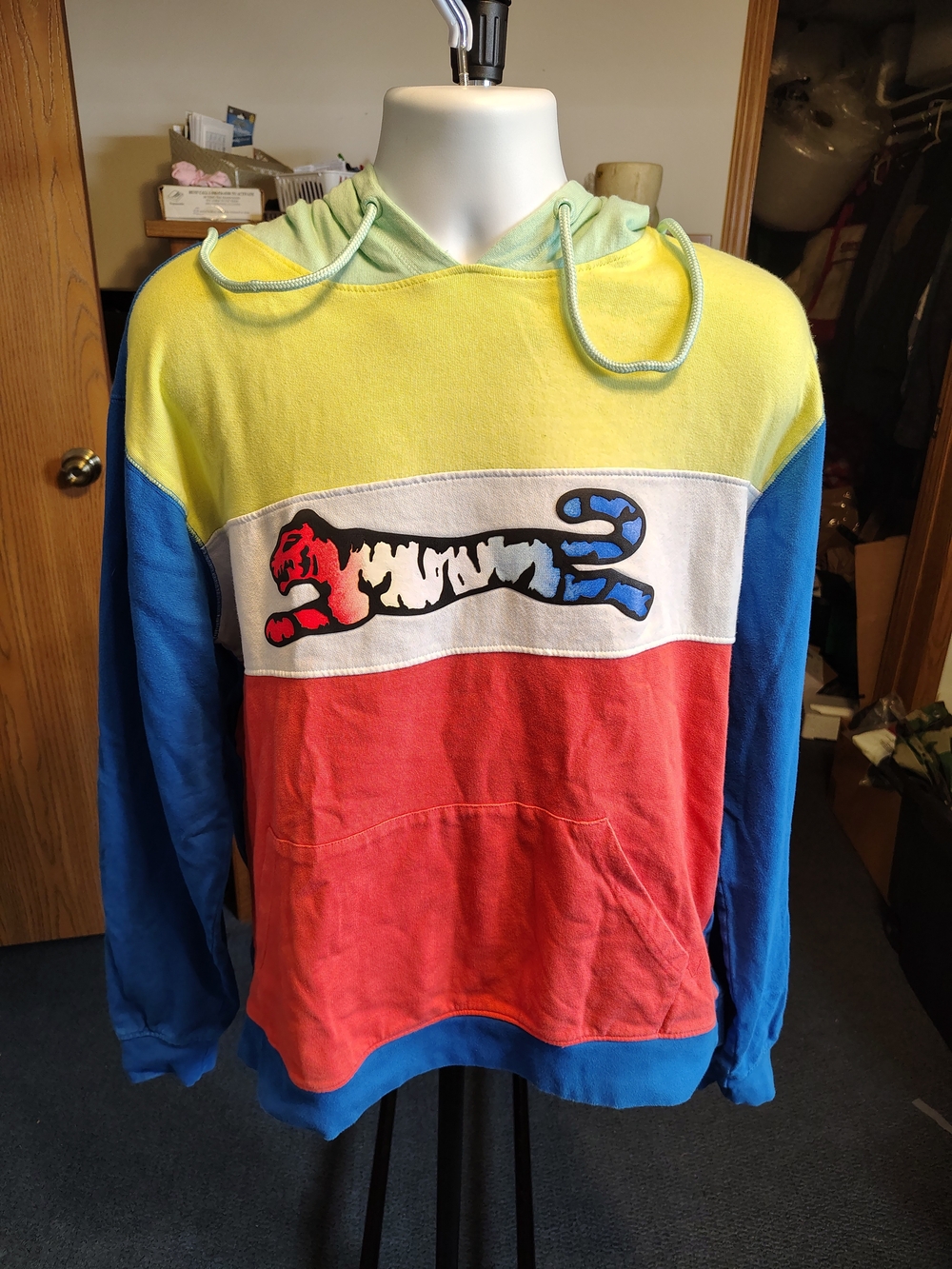 Men's Colorblock Hoodie Sweater with Tiger Graphic - Multicolor Size XL